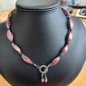 Handmade 18" Beaded Pink Rhodonite (?), Hematite, Bali Silver Toggle Clasp